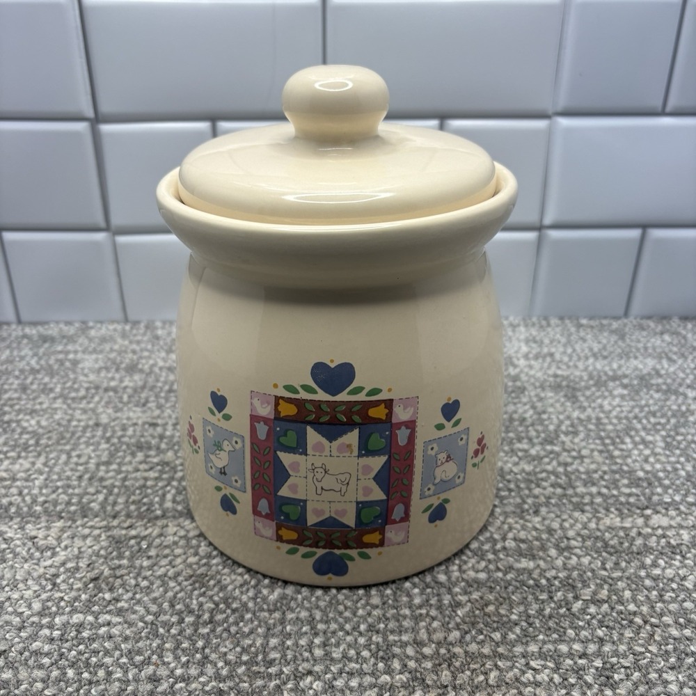 Country Quilt By Lofisa Canister W Lid 7.5 X 5 Inches W Lid Ducks Cow Kitten